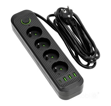 Extension cord CONNECTO 4 sockets+USB/3m/Zu+W/1,5mm black Kobi Design