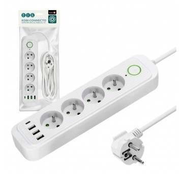 Extension cord CONNECTO 4 sockets+USB/3m/Zu+W/1,5mm white Kobi Design