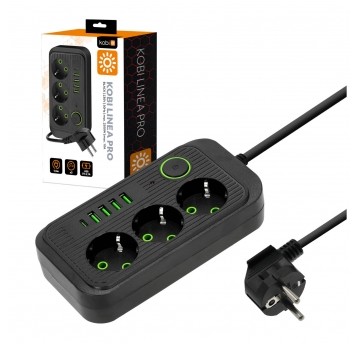 Extension cord KOBI LINEA PRO 3 sockets+4USB/1USB-C/1,5m/Zu+W black Kobi