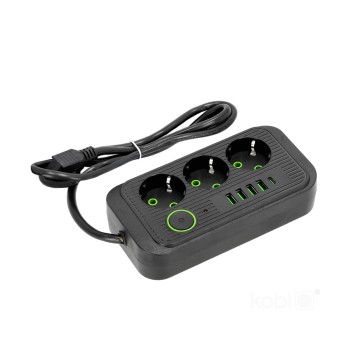 Extension cord KOBI LINEA PRO 3 sockets+4USB/1USB-C/1,5m/Zu+W black Kobi