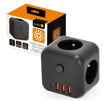 Extension cord KOBI LINEA PRO CUBE 3 sockets+3USB/1USB-C/Zu+W black Kobi