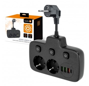Extension cord KOBI LINEA PRO FL 2 sockets+3USB/1USB-C/0,2m black Kobi