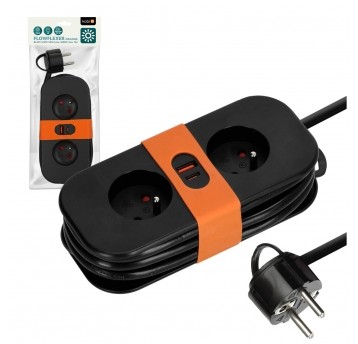 Przedłużacz FLOWFLEXER ORANGE B 2gn+USB/1,4m/Zu/1,5mm czarny Kobi Design
