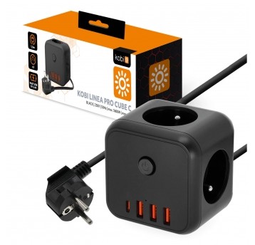 Przedłużacz KOBI LINEA PRO CUBE C 3gn+3USB/1USB-C/1,5m/Zu+W czarny Kobi