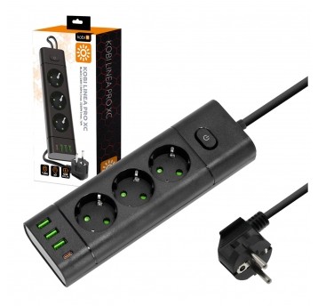 Przedłużacz LINEA PRO XC 3gn+3USB/1USB-C/1,5m/Zu+W czarny Kobi