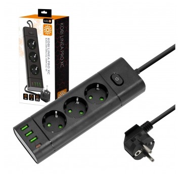 Przedłużacz LINEA PRO XC 3gn+3USB/1USB-C/3m/Zu+W czarny Kobi